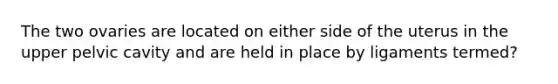 The two ovaries are located on either side of the uterus in the upper pelvic cavity and are held in place by ligaments termed?