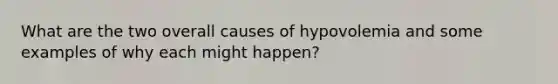 What are the two overall causes of hypovolemia and some examples of why each might happen?