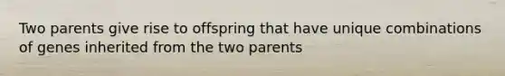 Two parents give rise to offspring that have unique combinations of genes inherited from the two parents