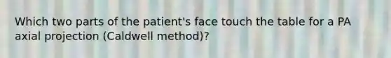 Which two parts of the patient's face touch the table for a PA axial projection (Caldwell method)?