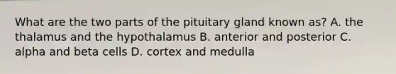 What are the two parts of the pituitary gland known as? A. the thalamus and the hypothalamus B. anterior and posterior C. alpha and beta cells D. cortex and medulla