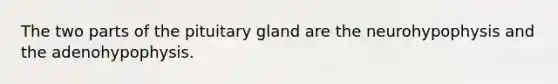 The two parts of the pituitary gland are the neurohypophysis and the adenohypophysis.