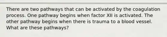 There are two pathways that can be activated by the coagulation process. One pathway begins when factor XII is activated. The other pathway begins when there is trauma to a blood vessel. What are these pathways?