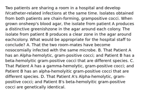 Two patients are sharing a room in a hospital and develop IVcatheter-related infections at the same time. Isolates obtained from both patients are chain-forming, grampositive cocci. When grown onsheep's blood agar, the isolate from patient A produces a distinctive greenishzone in the agar around each colony. The isolate from patient B produces a clear zone in the agar around eachcolony. What would be appropriate for the hospital staff to conclude? A. That the two room-mates have become nosocomially infected with the same microbe. B. That Patient A has an Alpha-hemolytic, gram-positive cocci; and Patient B has a beta-hemolyitic gram-positive cocci that are different species. C. That Patient A has a gamma-hemolytic, gram-positive cocci; and Patient B has an alpha-hemolyitic gram-positive cocci that are different species. D. That Patient A's Alpha-hemolytic, gram-positive cocci; and Patient B's beta-hemolyitic gram-positive cocci are genetically identical.