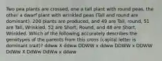 Two pea plants are crossed, one a tall plant with round peas, the other a dwarf plant with wrinkled peas (Tall and round are dominant). 200 plants are produced, and 49 are Tall, round, 51 are Tall, Wrinkled, 52 are Short, Round, and 48 are Short, Wrinkled. Which of the following accurately describes the genotypes of the parents from this cross (capital letter is dominant trait)? ddww X ddww DDWW x ddww DDWW x DDWW DdWw X DdWw DdWw x ddww