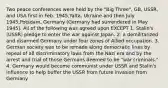 Two peace conferences were held by the "Big Three", GB, USSR, and USA first in Feb. 1945,Yalta, Ukraine and then July 1945,Potsdam, Germany (Germany had surrendered in May 1945). All of the following was agreed upon EXCEPT 1. Stalin's (USSR) pledge to enter the war against Japan. 2. a demilitarized and disarmed Germany under four zones of Allied occupation. 3. German society was to be remade along democratic lines by repeal of all discriminatory laws from the Nazi era and by the arrest and trial of those Germans deemed to be "war criminals." 4. Germany would become communist under USSR and Stalin's influence to help buffer the USSR from future invasion from Germany