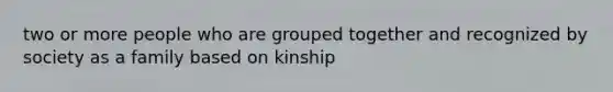 two or more people who are grouped together and recognized by society as a family based on kinship