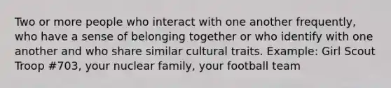 Two or more people who interact with one another frequently, who have a sense of belonging together or who identify with one another and who share similar cultural traits. Example: Girl Scout Troop #703, your nuclear family, your football team