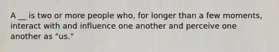 A __ is two or more people who, for longer than a few moments, interact with and influence one another and perceive one another as "us."