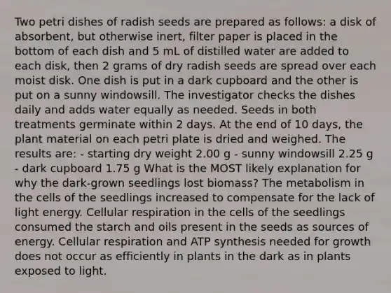 Two petri dishes of radish seeds are prepared as follows: a disk of absorbent, but otherwise inert, filter paper is placed in the bottom of each dish and 5 mL of distilled water are added to each disk, then 2 grams of dry radish seeds are spread over each moist disk. One dish is put in a dark cupboard and the other is put on a sunny windowsill. The investigator checks the dishes daily and adds water equally as needed. Seeds in both treatments germinate within 2 days. At the end of 10 days, the plant material on each petri plate is dried and weighed. The results are: - starting dry weight 2.00 g - sunny windowsill 2.25 g - dark cupboard 1.75 g What is the MOST likely explanation for why the dark-grown seedlings lost biomass? The metabolism in the cells of the seedlings increased to compensate for the lack of light energy. <a href='https://www.questionai.com/knowledge/k1IqNYBAJw-cellular-respiration' class='anchor-knowledge'>cellular respiration</a> in the cells of the seedlings consumed the starch and oils present in the seeds as sources of energy. Cellular respiration and <a href='https://www.questionai.com/knowledge/kx3XpCJrFz-atp-synthesis' class='anchor-knowledge'>atp synthesis</a> needed for growth does not occur as efficiently in plants in the dark as in plants exposed to light.