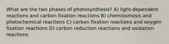 What are the two phases of photosynthesis? A) light-dependent reactions and carbon fixation reactions B) chemiosmosis and photochemical reactions C) carbon fixation reactions and oxygen fixation reactions D) carbon reduction reactions and oxidation reactions