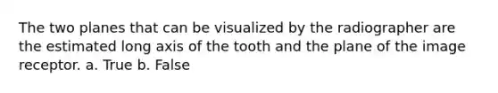 The two planes that can be visualized by the radiographer are the estimated long axis of the tooth and the plane of the image receptor. a. True b. False