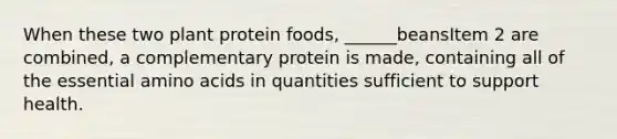 When these two plant protein foods, ______beansItem 2 are combined, a complementary protein is made, containing all of the essential amino acids in quantities sufficient to support health.