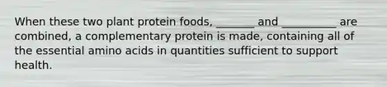 When these two plant protein foods, _______ and __________ are combined, a complementary protein is made, containing all of the essential amino acids in quantities sufficient to support health.