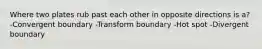 Where two plates rub past each other in opposite directions is a? -Convergent boundary -Transform boundary -Hot spot -Divergent boundary