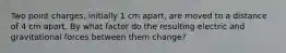 Two point charges, initially 1 cm apart, are moved to a distance of 4 cm apart. By what factor do the resulting electric and gravitational forces between them change?