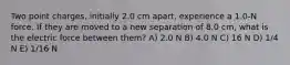 Two point charges, initially 2.0 cm apart, experience a 1.0-N force. If they are moved to a new separation of 8.0 cm, what is the electric force between them? A) 2.0 N B) 4.0 N C) 16 N D) 1/4 N E) 1/16 N