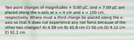 Two point charges of magnitudes + 5.00 μC, and + 7.00 μC are placed along the x-axis at x = 0 cm and x = 100 cm, respectively. Where must a third charge be placed along the x-axis so that it does not experience any net force because of the other two charges? A) 4.58 cm B) 45.8 cm C) 50 cm D) 9.12 cm E) 91.2 cm