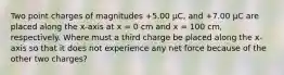 Two point charges of magnitudes +5.00 μC, and +7.00 μC are placed along the x-axis at x = 0 cm and x = 100 cm, respectively. Where must a third charge be placed along the x-axis so that it does not experience any net force because of the other two charges?