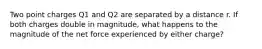 Two point charges Q1 and Q2 are separated by a distance r. If both charges double in magnitude, what happens to the magnitude of the net force experienced by either charge?