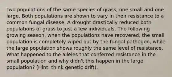 Two populations of the same species of grass, one small and one large. Both populations are shown to vary in their resistance to a common fungal disease. A drought drastically reduced both populations of grass to just a few individuals. The following growing season, when the populations have recovered, the small population is completely wiped out by the fungal pathogen, while the large population shows roughly the same level of resistance. What happened to the alleles that conferred resistance in the small population and why didn't this happen in the large population? (Hint: think genetic drift).