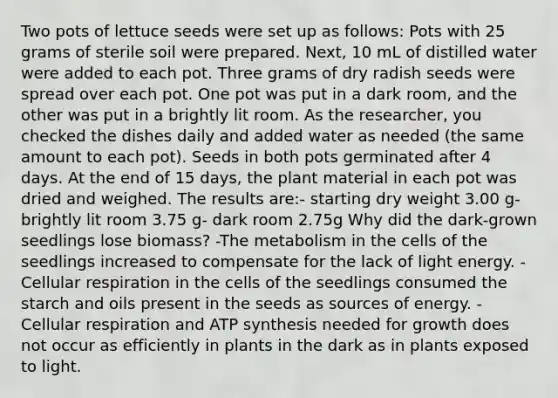 Two pots of lettuce seeds were set up as follows: Pots with 25 grams of sterile soil were prepared. Next, 10 mL of distilled water were added to each pot. Three grams of dry radish seeds were spread over each pot. One pot was put in a dark room, and the other was put in a brightly lit room. As the researcher, you checked the dishes daily and added water as needed (the same amount to each pot). Seeds in both pots germinated after 4 days. At the end of 15 days, the plant material in each pot was dried and weighed. The results are:- starting dry weight 3.00 g- brightly lit room 3.75 g- dark room 2.75g Why did the dark-grown seedlings lose biomass? -The metabolism in the cells of the seedlings increased to compensate for the lack of light energy. -Cellular respiration in the cells of the seedlings consumed the starch and oils present in the seeds as sources of energy. -Cellular respiration and ATP synthesis needed for growth does not occur as efficiently in plants in the dark as in plants exposed to light.