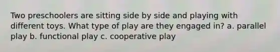 Two preschoolers are sitting side by side and playing with different toys. What type of play are they engaged in? a. parallel play b. functional play c. cooperative play