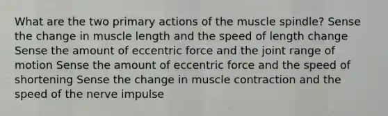 What are the two primary actions of the muscle spindle? Sense the change in muscle length and the speed of length change Sense the amount of eccentric force and the joint range of motion Sense the amount of eccentric force and the speed of shortening Sense the change in muscle contraction and the speed of the nerve impulse