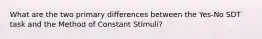 What are the two primary differences between the Yes-No SDT task and the Method of Constant Stimuli?