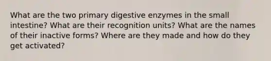 What are the two primary digestive enzymes in the small intestine? What are their recognition units? What are the names of their inactive forms? Where are they made and how do they get activated?