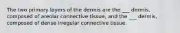 The two primary layers of the dermis are the ___ dermis, composed of areolar connective tissue, and the ___ dermis, composed of dense irregular connective tissue.