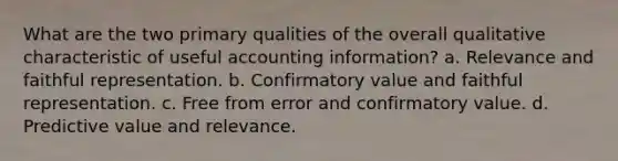 What are the two primary qualities of the overall qualitative characteristic of useful accounting information? a. Relevance and faithful representation. b. Confirmatory value and faithful representation. c. Free from error and confirmatory value. d. Predictive value and relevance.