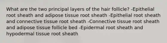 What are the two principal layers of the hair follicle? -Epithelial root sheath and adipose tissue root sheath -Epithelial root sheath and connective tissue root sheath -Connective tissue root sheath and adipose tissue follicle bed -Epidermal root sheath and hypodermal tissue root sheath