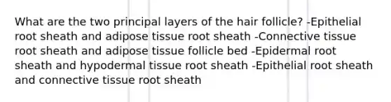 What are the two principal layers of the hair follicle? -Epithelial root sheath and adipose tissue root sheath -Connective tissue root sheath and adipose tissue follicle bed -Epidermal root sheath and hypodermal tissue root sheath -Epithelial root sheath and connective tissue root sheath