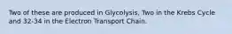 Two of these are produced in Glycolysis, Two in the Krebs Cycle and 32-34 in the Electron Transport Chain.