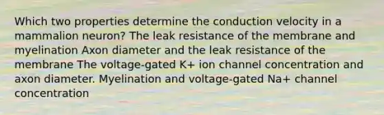 Which two properties determine the conduction velocity in a mammalion neuron? The leak resistance of the membrane and myelination Axon diameter and the leak resistance of the membrane The voltage-gated K+ ion channel concentration and axon diameter. Myelination and voltage-gated Na+ channel concentration