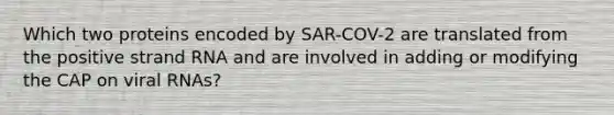 Which two proteins encoded by SAR-COV-2 are translated from the positive strand RNA and are involved in adding or modifying the CAP on viral RNAs?