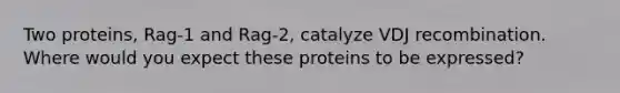 Two proteins, Rag-1 and Rag-2, catalyze VDJ recombination. Where would you expect these proteins to be expressed?