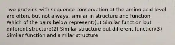 Two proteins with sequence conservation at the amino acid level are often, but not always, similar in structure and function. Which of the pairs below represent:(1) Similar function but different structure(2) Similar structure but different function(3) Similar function and similar structure