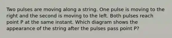 Two pulses are moving along a string. One pulse is moving to the right and the second is moving to the left. Both pulses reach point P at the same instant. Which diagram shows the appearance of the string after the pulses pass point P?