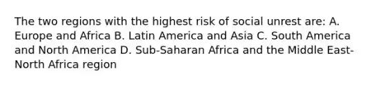 The two regions with the highest risk of social unrest are: A. Europe and Africa B. Latin America and Asia C. South America and North America D. Sub-Saharan Africa and the Middle East-North Africa region