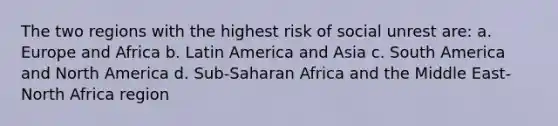 The two regions with the highest risk of social unrest are: a. Europe and Africa b. Latin America and Asia c. South America and North America d. Sub-Saharan Africa and the Middle East-North Africa region