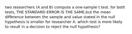 two researchers (A and B) compute a one-sample t test. for both tests, THE STANDARD ERROR IS THE SAME,but the mean difference between the sample and value stated in the null hypothesis is smaller for researcher A. which test is more likely to result in a decision to reject the null hypothesis?