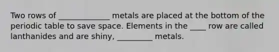 Two rows of _____________ metals are placed at the bottom of the periodic table to save space. Elements in the ____ row are called lanthanides and are shiny, _________ metals.