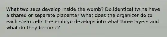 What two sacs develop inside the womb? Do identical twins have a shared or separate placenta? What does the organizer do to each stem cell? The embryo develops into what three layers and what do they become?