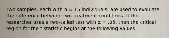 Two samples, each with n = 15 individuals, are used to evaluate the difference between two treatment conditions. If the researcher uses a two-tailed test with α = .05, then the critical region for the t statistic begins at the following values.