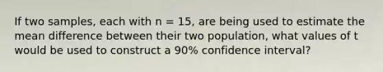 If two samples, each with n = 15, are being used to estimate the mean difference between their two population, what values of t would be used to construct a 90% confidence interval?