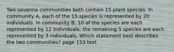 Two savanna communities both contain 15 plant species. In community A, each of the 15 species is represented by 20 individuals. In community B, 10 of the species are each represented by 12 individuals; the remaining 5 species are each represented by 3 individuals. Which statement best describes the two communities? page 153 text