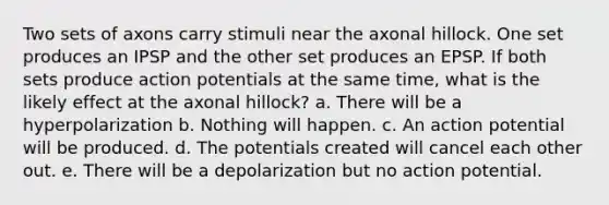 Two sets of axons carry stimuli near the axonal hillock. One set produces an IPSP and the other set produces an EPSP. If both sets produce action potentials at the same time, what is the likely effect at the axonal hillock? a. There will be a hyperpolarization b. Nothing will happen. c. An action potential will be produced. d. The potentials created will cancel each other out. e. There will be a depolarization but no action potential.