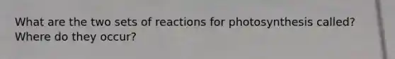 What are the two sets of reactions for photosynthesis called? Where do they occur?